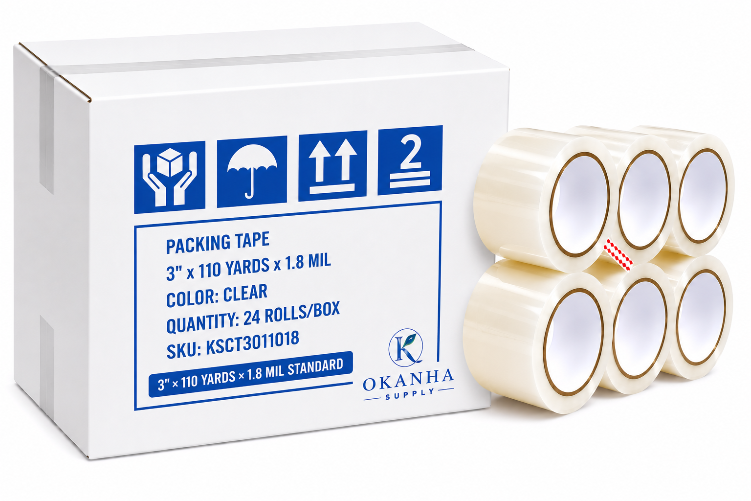 Okanha™ 3" × 110 Yards (330 ft) × 1.8 Mil Clear Packing Tape
