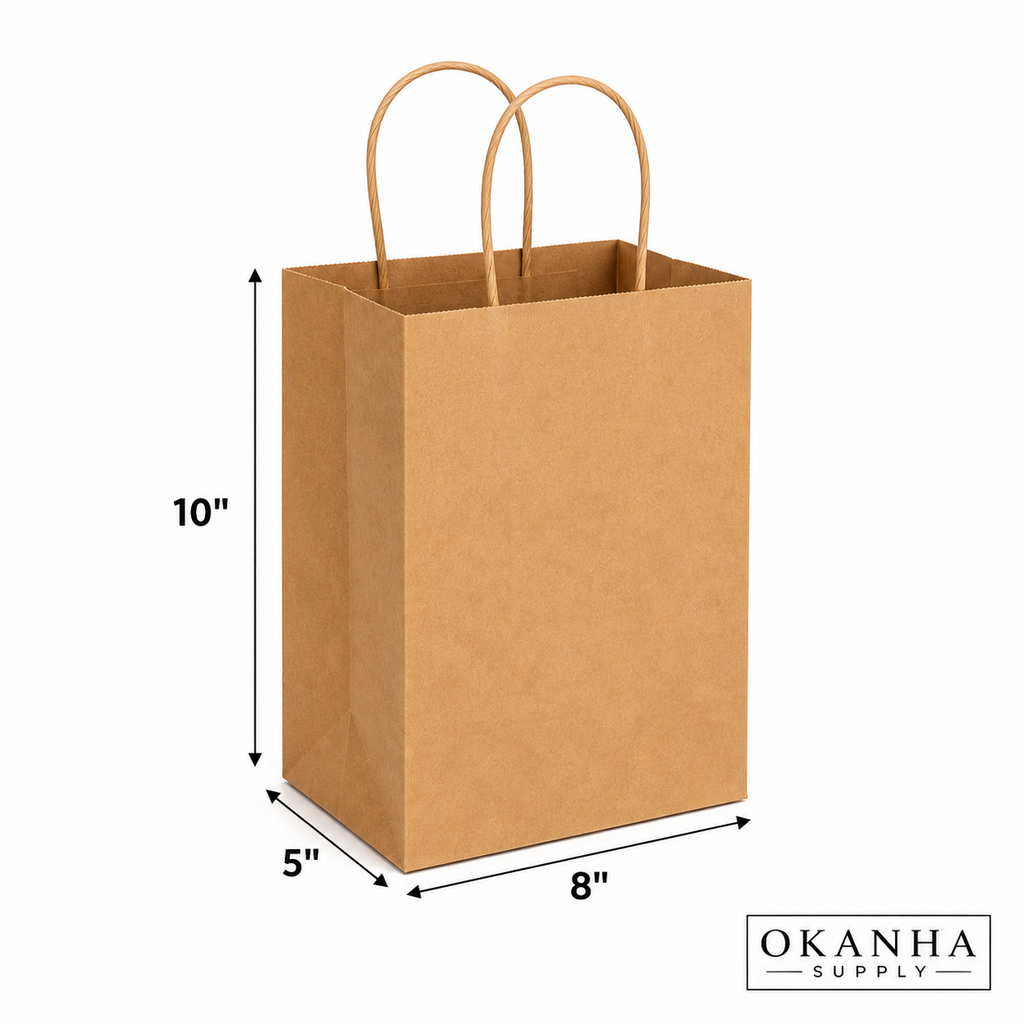 OKANHA Brown Kraft Paper Shopping Bags with Handles 8" x 5" x 10"