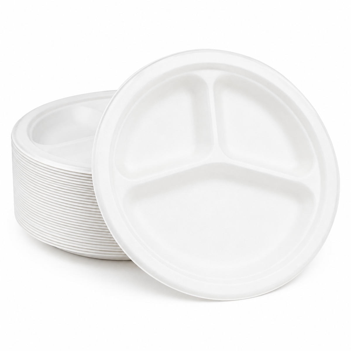 10" - 3 Compartment Compostable Bagasse Round Plate, White [500/Case]