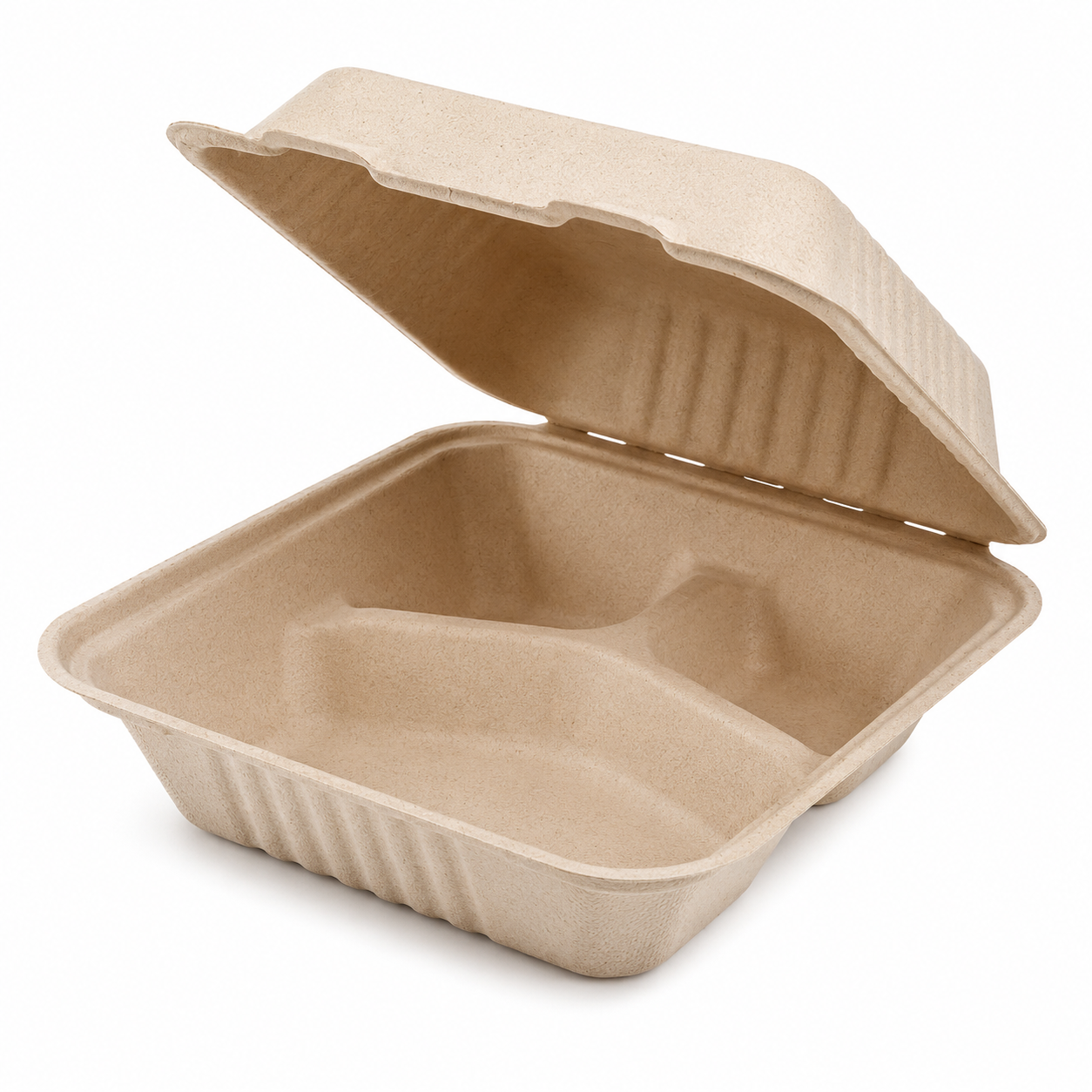 Brheez 9" x 9" - 3 Compartment Bagasse Take Out Containers, Natural [150/Case]